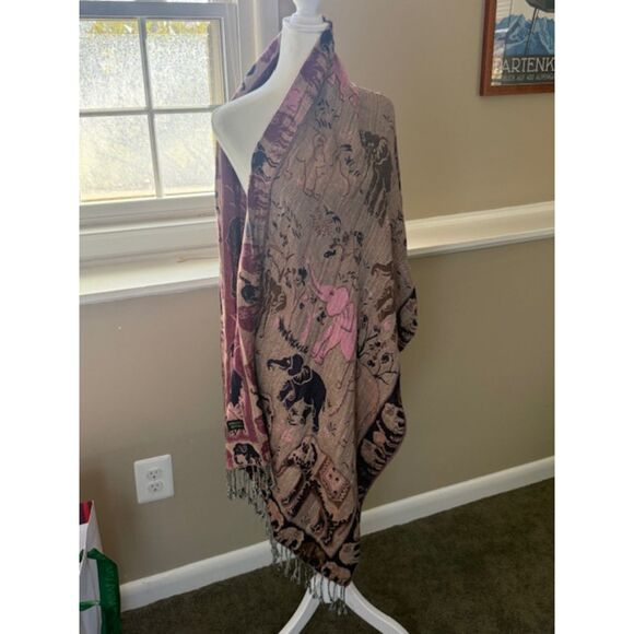 100% Cashmere Scarf Elephant Botanical Jacquard Purple Tan Reversible Fringe - Picture 5 of 7